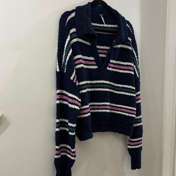 Free People Navy and Pink Striped V-Neck Sweater - collar - 90s - large - Picture 1 of 6